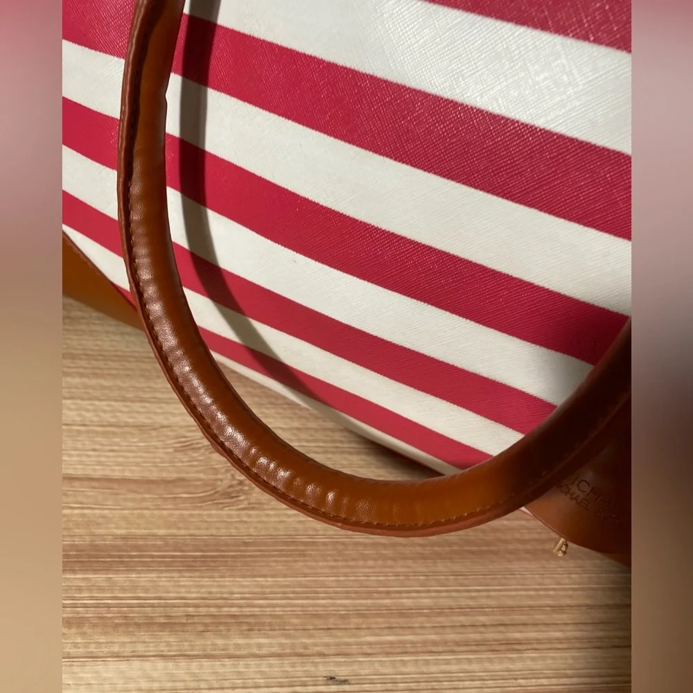 Michael Kors Hamilton Red/White Striped Canvas Leather Large Tote Purs